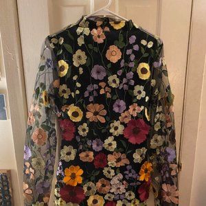 Roschic - Floral Applique Backless Long Sleeve Mini Dress